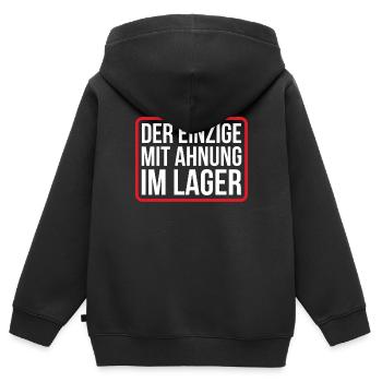 Der einzige mit Ahnung im Lager Spruch - Kinder Premium Organic Zip Hoodie - Schwarz - Hinten - AI Model Kid Male (0cm)