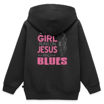 Cette fille court sur Jesus & Blues Cool Retro - Sweat Premium à capuche zippé enfant bio - noir - Dos - AI Model Kid Male (0cm)