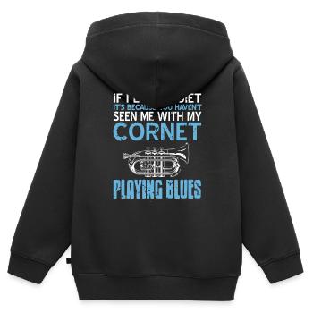 Tu ne m’as pas vu avec mon cornet jouant du blues - Sweat Premium à capuche zippé enfant bio - noir - Dos - AI Model Kid Male (0cm)