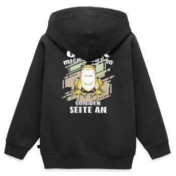 FROSCH QUAK MICH NICHT SO VON DER SEITE AN - Kinder Premium Organic Zip Hoodie - Schwarz - Hinten - AI Model Kid Male (0cm)