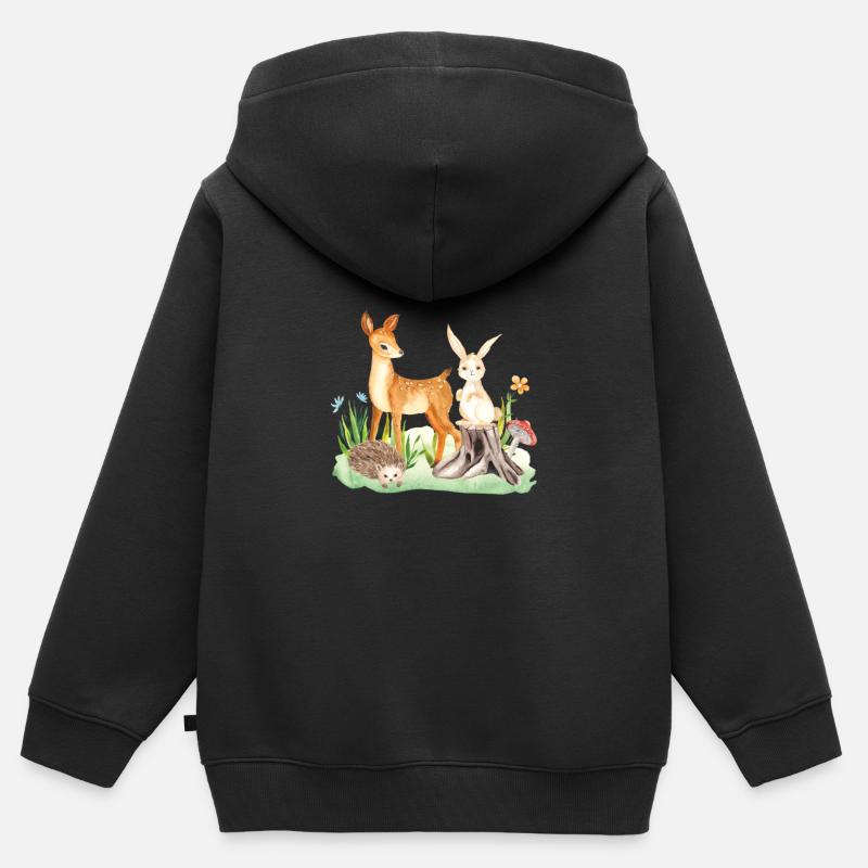 Animal cerf lapin hérisson Lily - Sweat Premium à capuche zippé enfant bio - noir