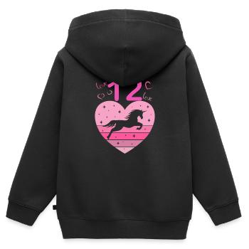 12 anniversaire fille douze 12 ans cheval Licorne - Sweat Premium à capuche zippé enfant bio - noir - Dos - AI Model Kid Male (0cm)