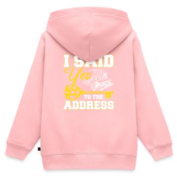 J’ai dit oui à l’adresse - Sweat Premium à capuche zippé enfant bio - rose - Dos - AI Model Kid Female (0cm)