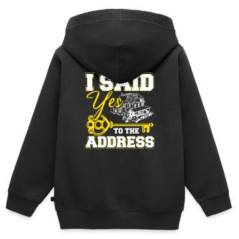 J’ai dit oui à l’adresse - Sweat Premium à capuche zippé enfant bio - noir - Dos - AI Model Kid Male (0cm)