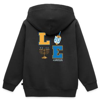 Amour Hanoukka, Juif Dreidel Menorah Hanoukka - Sweat Premium à capuche zippé enfant bio - noir - Dos - AI Model Kid Male (0cm)