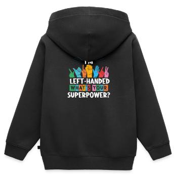 Je suis gaucher Quel est votre superpouvoir Gaucher - Sweat Premium à capuche zippé enfant bio - noir - Dos - AI Model Kid Male (0cm)