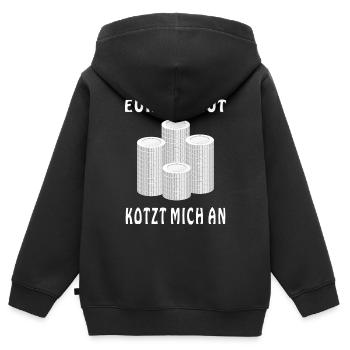 GELD MÜNZEN EURE ARMUT KOTZT MICH AN - Kinder Premium Organic Zip Hoodie - Schwarz - Hinten - AI Model Kid Male (0cm)