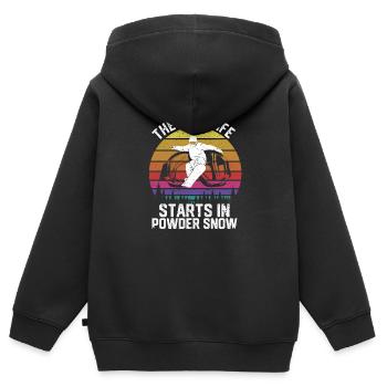 Das wahre Leben beginnt im Pulverschnee Snowboard - Kinder Premium Organic Zip Hoodie - Schwarz - Hinten - AI Model Kid Male (0cm)