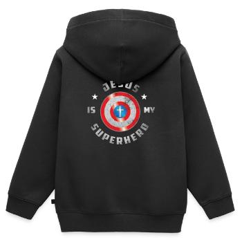 Jesus Is My Superhero - Kinder Premium Organic Zip Hoodie - Schwarz - Hinten - AI Model Kid Male (0cm)