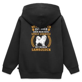 Samojede spielt zuhause Samojedenspitz - Kinder Premium Organic Zip Hoodie - Schwarz - Hinten - AI Model Kid Male (0cm)
