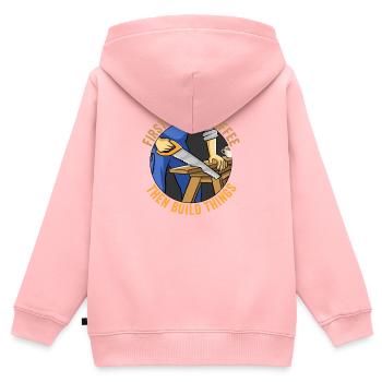D’abord je bois du café puis je construis de la menuiserie drôle - Sweat Premium à capuche zippé enfant bio - rose - Dos - AI Model Kid Female (0cm)