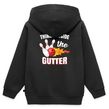 Pensez en dehors du caniveau | Bowling | Chapeau melon - Sweat Premium à capuche zippé enfant bio - noir - Dos - AI Model Kid Male (0cm)