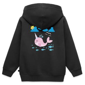 Petit narval, soleil souriant et poisson - Sweat Premium à capuche zippé enfant bio - noir - Dos - AI Model Kid Male (0cm)