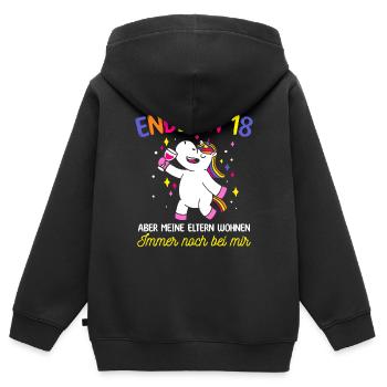 Endlich 18 Aber Meine Eltern Wohnen Immer Noch Bei - Kinder Premium Organic Zip Hoodie - Schwarz - Hinten - AI Model Kid Male (0cm)