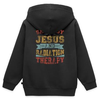 Chimio du patient atteint de cancer - Sauvé par Jésus et - Sweat Premium à capuche zippé enfant bio - noir - Dos - AI Model Kid Male (0cm)