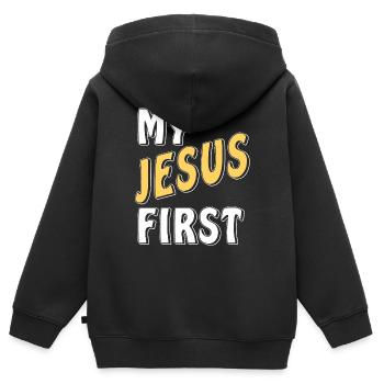 MON JÉSUS D’ABORD - Sweat Premium à capuche zippé enfant bio - noir - Dos - AI Model Kid Male (0cm)