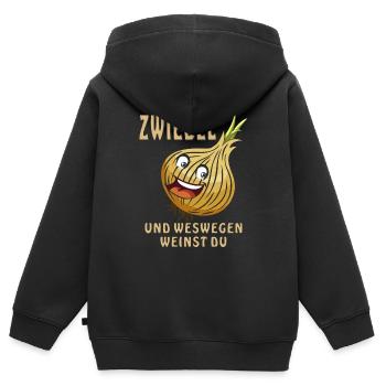 ZWIEBEL UND WESWEGEN WEINST DU - Kinder Premium Organic Zip Hoodie - Schwarz - Hinten - AI Model Kid Male (0cm)