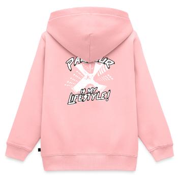 Parkour Freerunning Runner Back Flip Jumping - Sweat Premium à capuche zippé enfant bio - rose - Dos - AI Model Kid Female (0cm)