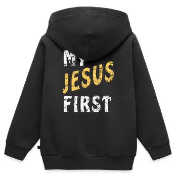 MON JÉSUS D’ABORD - Sweat Premium à capuche zippé enfant bio - noir - Dos - AI Model Kid Male (0cm)