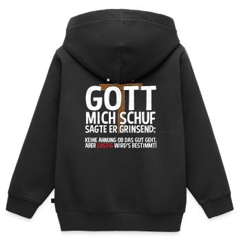 Als Gott mich schuf Sagte er grinsend keine Ahnung - Kinder Premium Organic Zip Hoodie - Schwarz - Hinten - AI Model Kid Male (0cm)