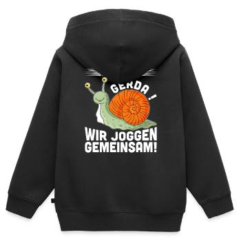 Das ist Gerda, wir Joggen gemeinsam - Kinder Premium Organic Zip Hoodie - Schwarz - Hinten - AI Model Kid Male (0cm)
