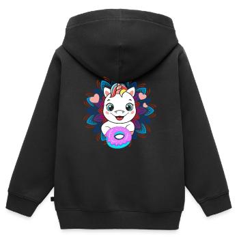 Bébé licorne gourmand de donuts - Sweat Premium à capuche zippé enfant bio - noir - Dos - AI Model Kid Male (0cm)