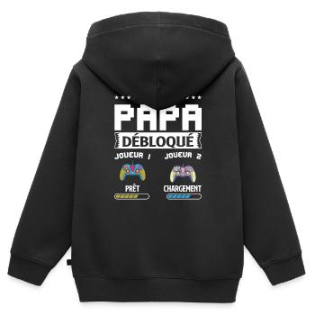 Niveau papa débloqué, Futur Papa Gamer - Sweat Premium à capuche zippé enfant bio - noir - Dos - AI Model Kid Male (0cm)
