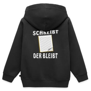 NOTIZBLOCK WER SCHREIBT DER BLEIBT - Kinder Premium Organic Zip Hoodie - Schwarz - Hinten - AI Model Kid Male (0cm)