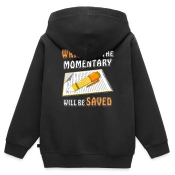 NOTIZBLOCK SCHREIBE MOMENT GESPEICHERT - Kinder Premium Organic Zip Hoodie - Schwarz - Hinten - AI Model Kid Male (0cm)