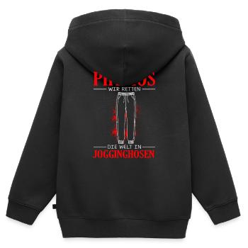 Physios Wir Retten Die Welt In Jogginghosen Spruch - Kinder Premium Organic Zip Hoodie - Schwarz - Hinten - AI Model Kid Male (0cm)
