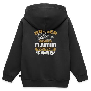 HUNGER VERLEIHT DEM ESSEN GESCHMACK - Kinder Premium Organic Zip Hoodie - Schwarz - Hinten - AI Model Kid Male (0cm)