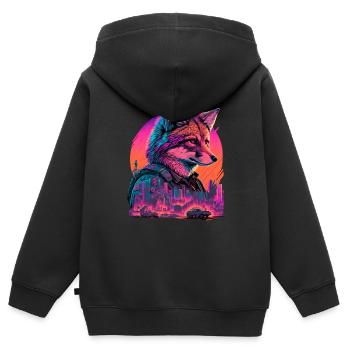 Rétro Futuriste Synthwave Fox - Sweat Premium à capuche zippé enfant bio - noir - Dos - AI Model Kid Male (0cm)