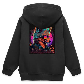 Rétro Futuriste Synthwave Fox - Sweat Premium à capuche zippé enfant bio - noir - Dos - AI Model Kid Male (0cm)