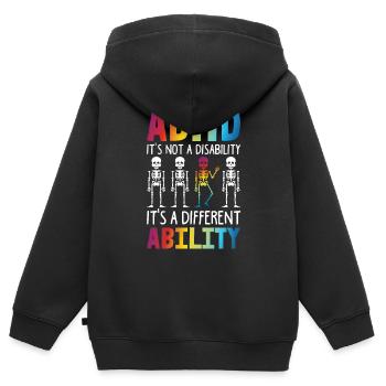 TDAH Ce n’est pas un handicap, c’est une capacité particulière - Sweat Premium à capuche zippé enfant bio - noir - Dos - AI Model Kid Male (0cm)