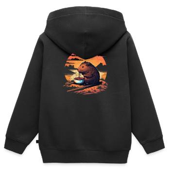 Capybara Essen Ramen Retro Vintage Niedliche Guinea - Kinder Premium Organic Zip Hoodie - Schwarz - Hinten - AI Model Kid Male (0cm)