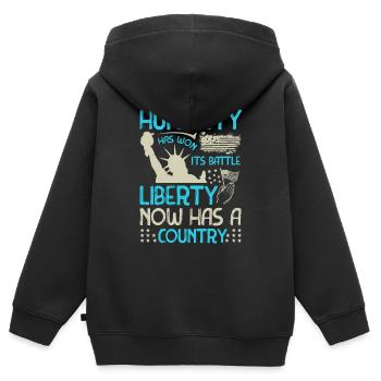 DIE MENSCHHEIT HAT GEWONNEN, ES IST DER KAMPF DIE FREIHEIT HAT JETZT EINE - Kinder Premium Organic Zip Hoodie - Schwarz - Hinten - AI Model Kid Male (0cm)