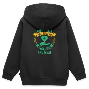 DIEU SENDETH ET DONNE LA BOUCHE ET LA VIANDE - Sweat Premium à capuche zippé enfant bio - noir - Dos - AI Model Kid Male (0cm)