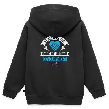 GESUNDHEIT IST DER KERN DER MENSCHLICHEN ENTWICKLUNG - Kinder Premium Organic Zip Hoodie - Schwarz - Hinten - AI Model Kid Male (0cm)