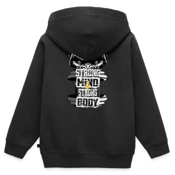 Gym Fitness Gorilla Strong Mind Strong Body - Sweat Premium à capuche zippé enfant bio - noir - Dos - AI Model Kid Male (0cm)