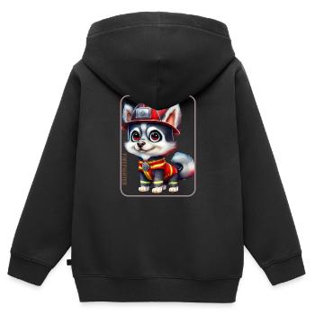 Pompier, amoureux des huskies - Sweat Premium à capuche zippé enfant bio - noir - Dos - AI Model Kid Male (0cm)