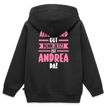 Andrea - Kinder Premium Organic Zip Hoodie - Schwarz - Hinten - AI Model Kid Male (0cm)