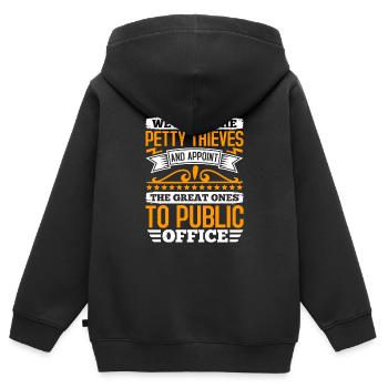 WIR HÄNGEN DEN KLEINEN DIEB UND ERNENNEN DEN GROSSEN - Kinder Premium Organic Zip Hoodie - Schwarz - Hinten - AI Model Kid Male (0cm)