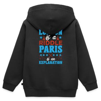 LONDON IST EIN RÄTSEL PARIS IST EINE ERKLÄRUNG - Kinder Premium Organic Zip Hoodie - Schwarz - Hinten - AI Model Kid Male (0cm)