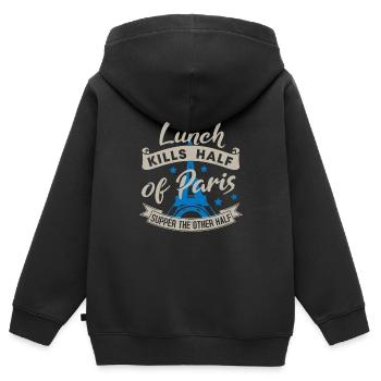 LE DÉJEUNER TUE LA MOITIÉ DU SOUPER PARISIEN L’AUTRE MOITIÉ - Sweat Premium à capuche zippé enfant bio - noir - Dos - AI Model Kid Male (0cm)