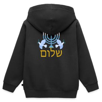 Hébreu Shalom Menorah juive pour la paix - Sweat Premium à capuche zippé enfant bio - noir - Dos - AI Model Kid Male (0cm)