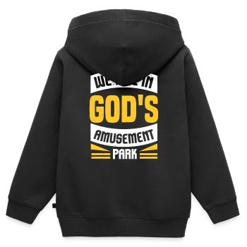 WIR LEBEN IN GOTTES VERGNÜGUNGSPARK - Kinder Premium Organic Zip Hoodie - Schwarz - Hinten - AI Model Kid Male (0cm)