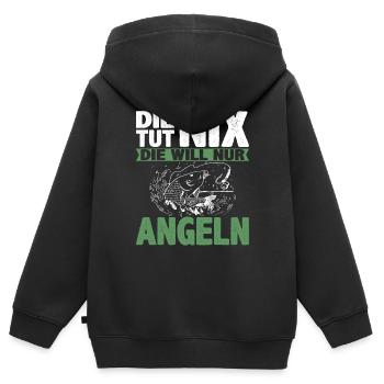 Damen Die tut nix die will nur angeln | Anglerin - Kinder Premium Organic Zip Hoodie - Schwarz - Hinten - AI Model Kid Male (0cm)