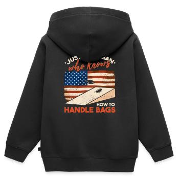 American Flag Hinterhof Spiel Cornhole - Kinder Premium Organic Zip Hoodie - Schwarz - Hinten - AI Model Kid Male (0cm)