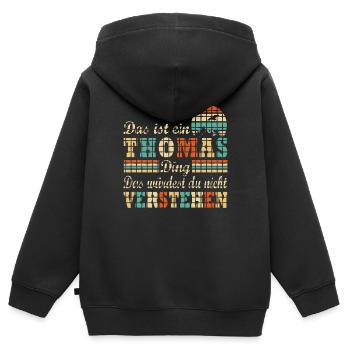 THOMAS - Kinder Premium Organic Zip Hoodie - Schwarz - Hinten - AI Model Kid Male (0cm)