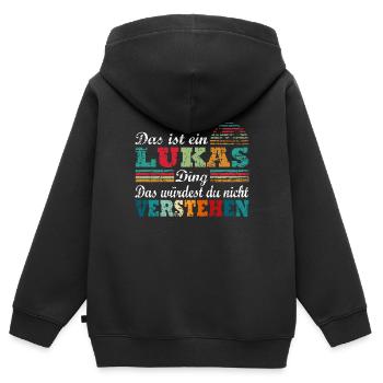 Name Lukas - Kinder Premium Organic Zip Hoodie - Schwarz - Hinten - AI Model Kid Male (0cm)